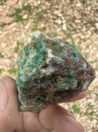 a person holding a piece of green and brown rock