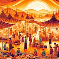 a painting of people at a market